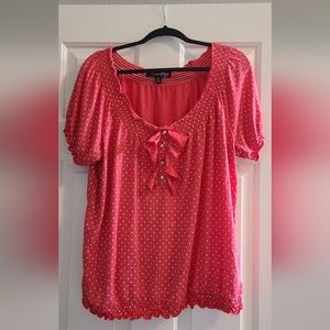 Coral and white polka dot blouse